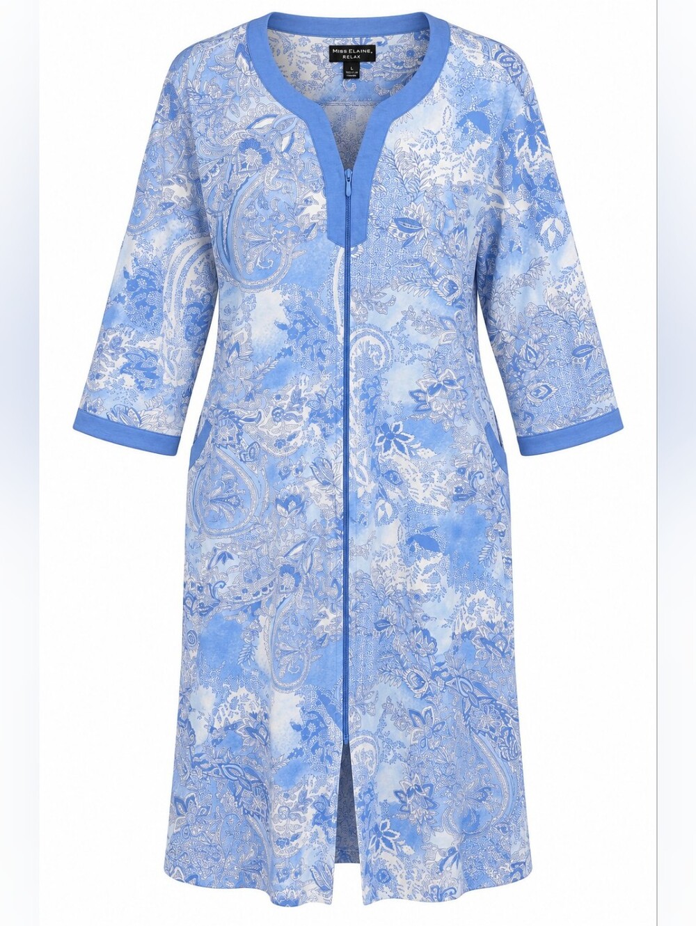 Miss Elaine Relax Blue Paisley Floral Front Zip Lounge Robe Housecoat Large